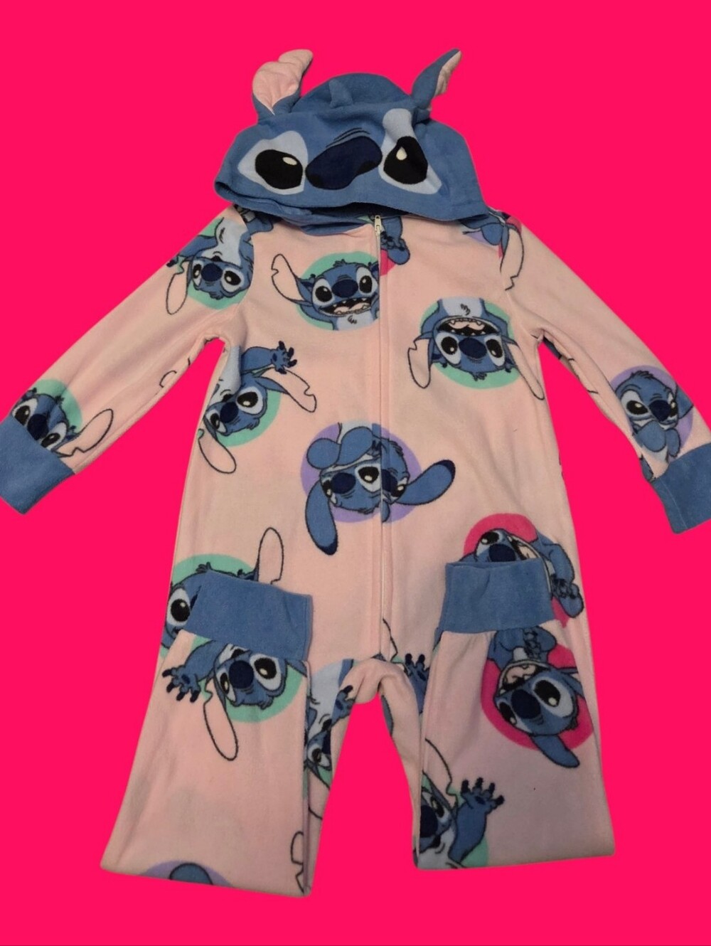 NWT Disney Lilo & Stitch Girls Pink Fleece Hooded One-Piece Pajamas Size 4